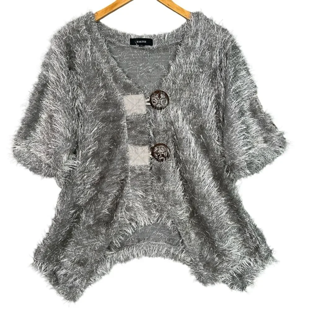 Kaktus‎ Gray Fuzzy Textured Cardigan Sweater Women’s Small Boho Button Front